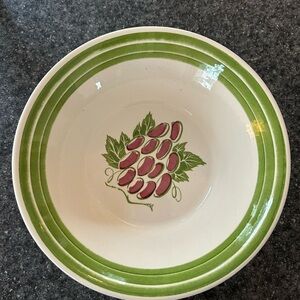 Vintage Green and White Ceramic Bowl with Grape Design